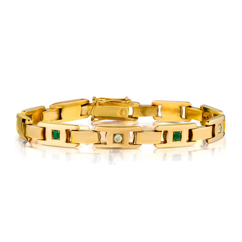 Vintage 14kt Yellow Gold Bracelet Set with Green Emerald and Diamonds.