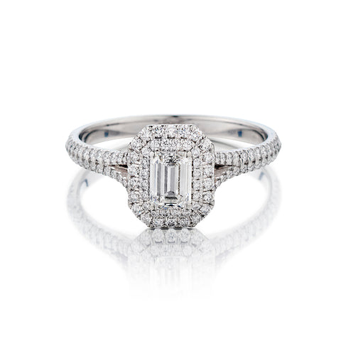 18kt White Gold Diamond Ring. 0.76 Emerald Cut Diamonds. GIA Certificate