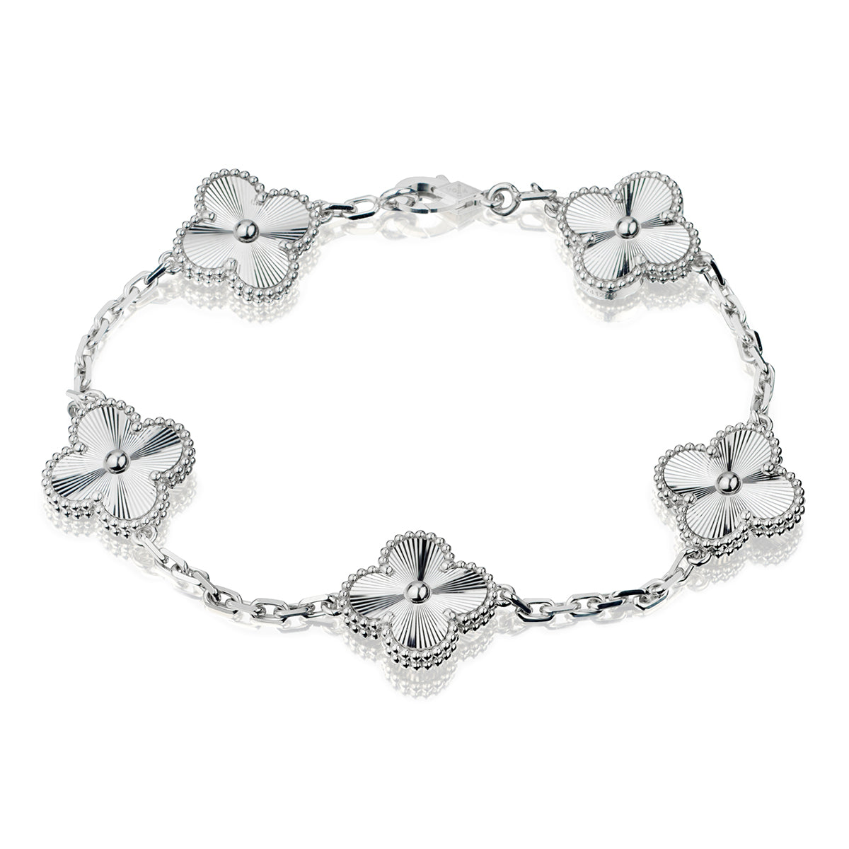 Van Cleef & Arpels 18kt White Gold Vintage Alhambra 5 Motif Guilloche Bracelet.