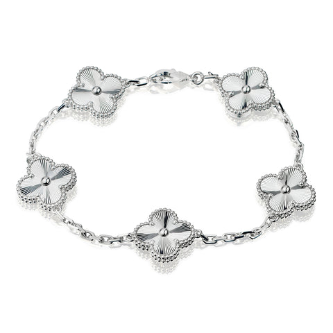 Van Cleef & Arpels 18kt White Gold Vintage Alhambra 5 Motif Guilloche Bracelet.