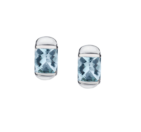 18kt White Gold Blue Topaz Huggies Stud Earrings. Modern / Contemporary