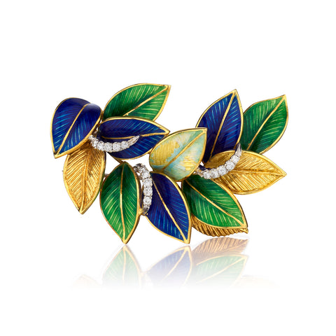 18kt Yellow Gold Blue and Green Enamel and Leaf Brooch