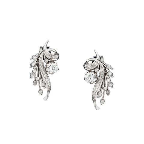 Ladies Elegant 18kt White Gold Floral Diamond Stud Earrings. 2.50ct Tw. Circa 1950