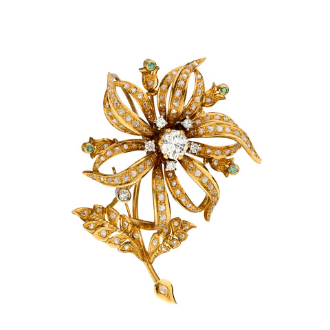 Vintage 18kt Pink Gold Diamond and Green Emerald Floral Brooch.