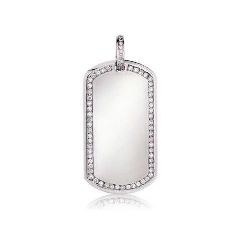 Mens 14kt White Gold Diamond Dog Tag Pendant. Weight: 26.33 Grams