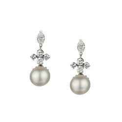 14k White Gold Pearl and Diamond Drop / Pendant Earrings.