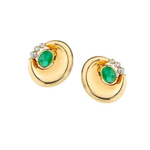 Ladies Custom 18kt Yellow Gold Green Emerald and Diamond Stud Earrings.