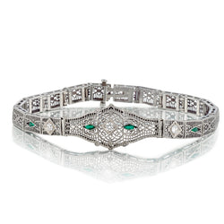 Ladies Art Deco 14kt White Gold, Green Emerald and Diamond Bracelet
