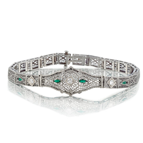 Ladies Art Deco 14kt White Gold, Green Emerald and Diamond Bracelet