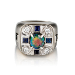 14kt Yellow and White Gold Fire Opal, Diamond and Blue Sapphire Ring