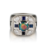 14kt Yellow and White Gold Fire Opal, Diamond and Blue Sapphire Ring