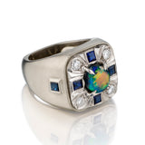 14kt Yellow and White Gold Fire Opal, Diamond and Blue Sapphire Ring