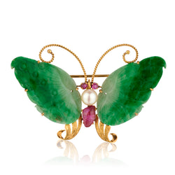14kt Yellow Gold Butterfly Brooch. Jade, Pearl and Ruby
