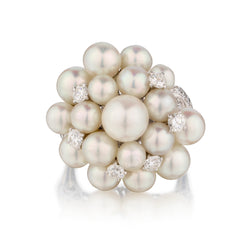 Platinum Cultured Pearl and Diamond Cluster Ring. Circa 1950's
