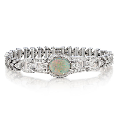 Ladies 18kt White Gold Opal and Diamond Bracelet. Circa 1950