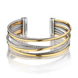 David Yurman Sterling and 18kt Yellow Gold Cable Crossover Cuff Bangle