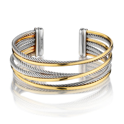 David Yurman Sterling and 18kt Yellow Gold Cable Crossover Cuff Bangle