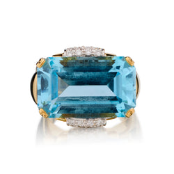 Handmade 18kt Yellow Gold Blue Topaz and Diamond Ring.