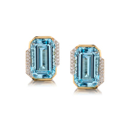 Handmade Ladies 18kt Yellow Gold Blue Topaz and Diamond Stud Earrings.