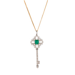 18kt White Gold Green Emerald and Diamond Key
