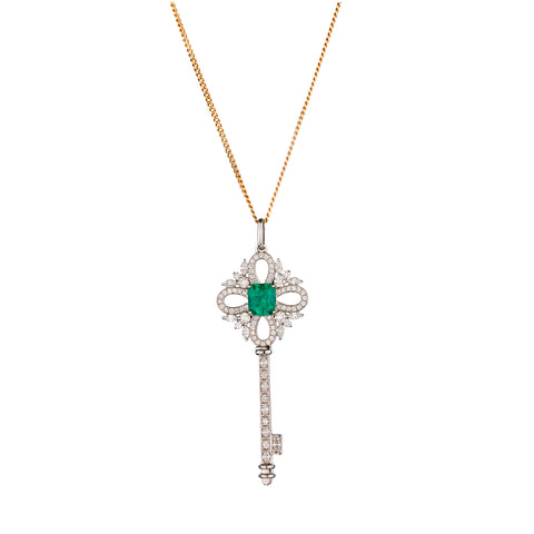 18kt White Gold Green Emerald and Diamond Key