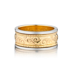 14kt Yellow and White Gold Swirl Design Band. 9mm (W).