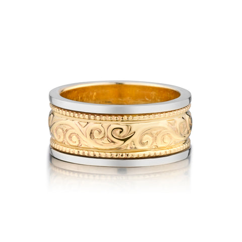 14kt Yellow and White Gold Swirl Design Band. 9mm (W).