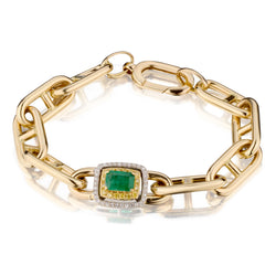 Ladies 14kt Yellow Gold Green Emerald and Diamond Open Link Bracelet