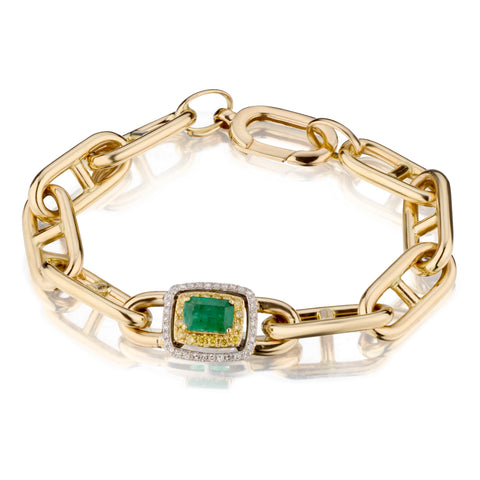 Ladies 14kt Yellow Gold Green Emerald and Diamond Open Link Bracelet