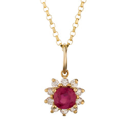 Ladies 18kt Yellow Gold Ruby and Diamond Cluster Pendant