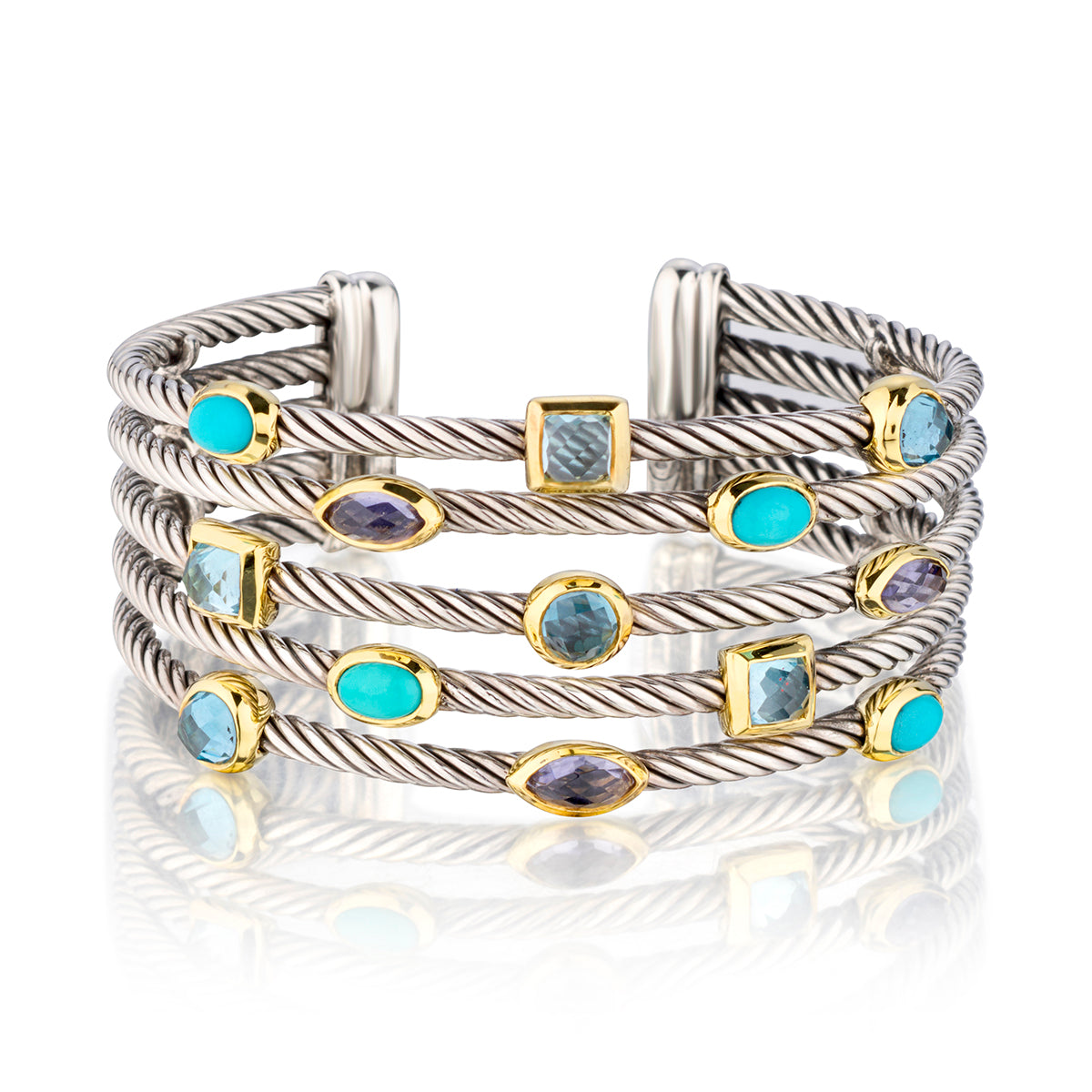 David Yurman 5 Row Confetti Torquise Cuff Bangle in Silver and 18kt Gold.