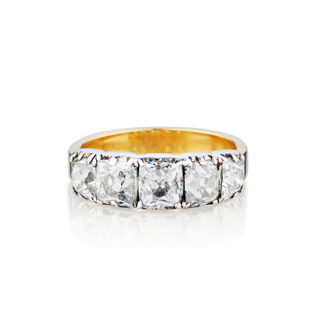 Ladies 14kt Yellow Gold and Silver 5 x 2.90 ct TW Old Mine Cut Diamond Band. 1800's