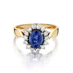 Ladies 14kt Yellow Gold Blue Sapphire and Diamond Cluster Ring.