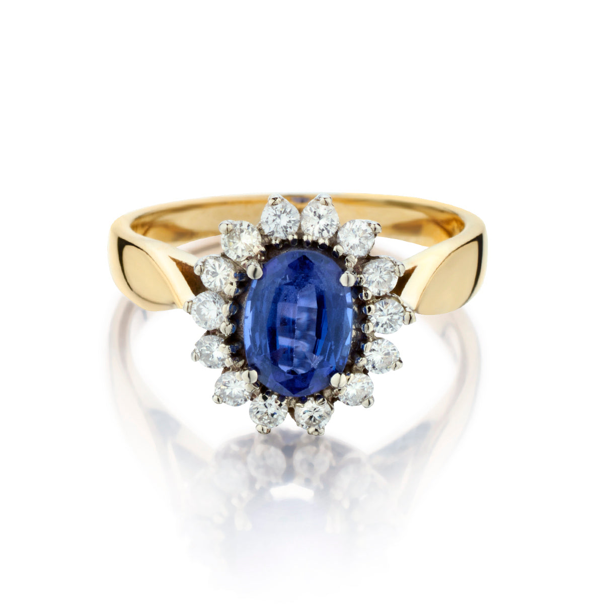 Ladies 14kt Yellow Gold Blue Sapphire and Diamond Cluster Ring.