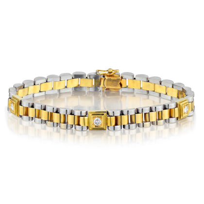 18kt Yellow and White Gold Link Bracelet. 3 x 0.30ct Tw. 33.3 Grams