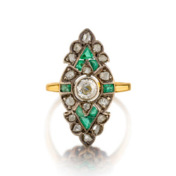Ladies Vintage 14kt Yellow Gold Rose Cut Diamond and Green Emerald Ring.