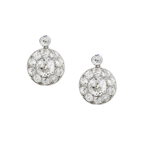 Platinum Vintage Diamond Earrings. 4.60ct Tw Mine Cut Diamonds. Circa 1910