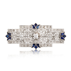 Platinum Vintage Diamond and Blue Sapphire Brooch. Art Deco