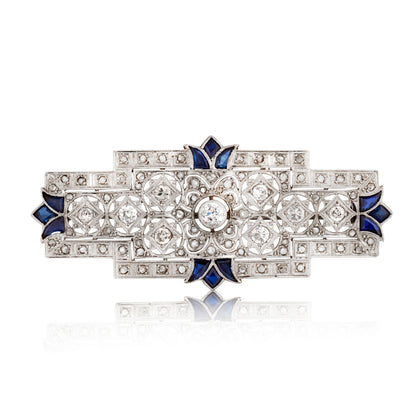 Platinum Vintage Diamond and Blue Sapphire Brooch. Art Deco
