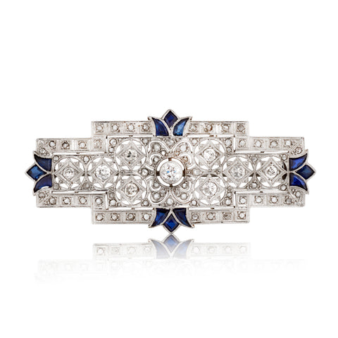 Platinum Vintage Diamond and Blue Sapphire Brooch. Art Deco