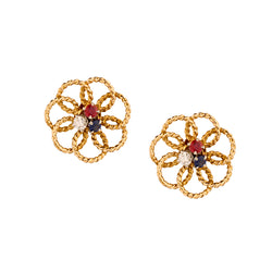 18kt Yellow Gold Stud Earrings. Ruby, Sapphire and Diamond