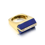 Custom Made Contemporary 18kt Yellow Gold Lapis Lazuli and Diamond Ring