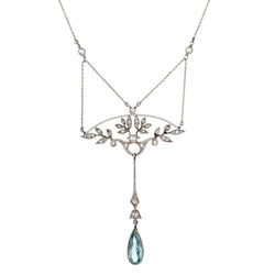 Ladies Vintage Edwardian Aquamarine, Diamond and Seed Pearl Pendant. Fitted Box