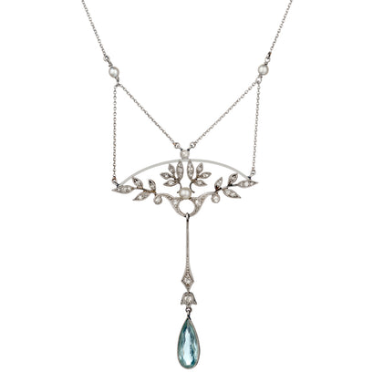 Ladies Vintage Edwardian Aquamarine, Diamond and Seed Pearl Pendant. Fitted Box
