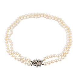 DOUBLE STRAND 6MM CULTURE PEARL NECKLACE WITH WHITE GOLD DIAMOND CLASP.