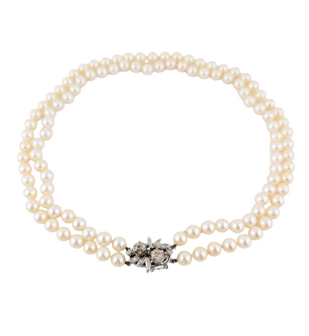 DOUBLE STRAND 6MM CULTURE PEARL NECKLACE WITH WHITE GOLD DIAMOND CLASP.