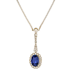 Vintage Art Deco 18kt White Gold Blue Sapphire and Diamond Pendant