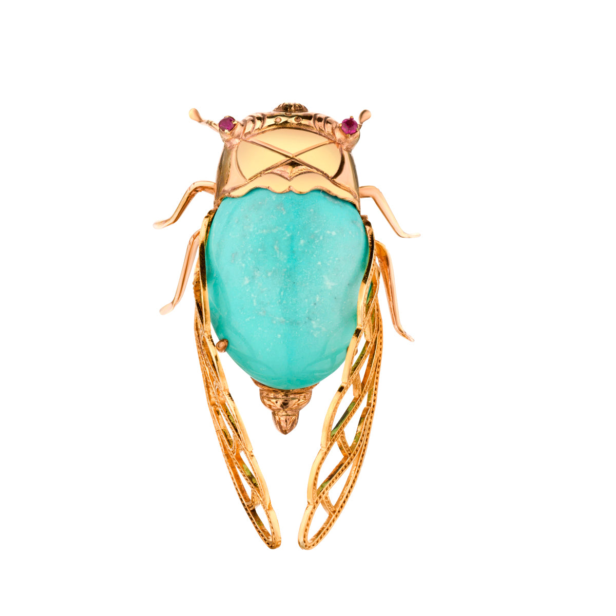 Vintage 14kt Rose Cut Turquoise Brooch. Cicadas Insect