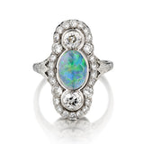 Victorian 18kt White Gold Black Opal and Diamond Navette Ring. Circa 1915