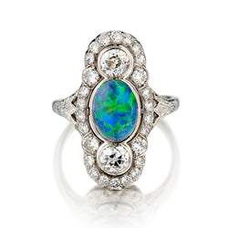 Victorian 18kt White Gold Black Opal and Diamond Navette Ring. Circa 1915